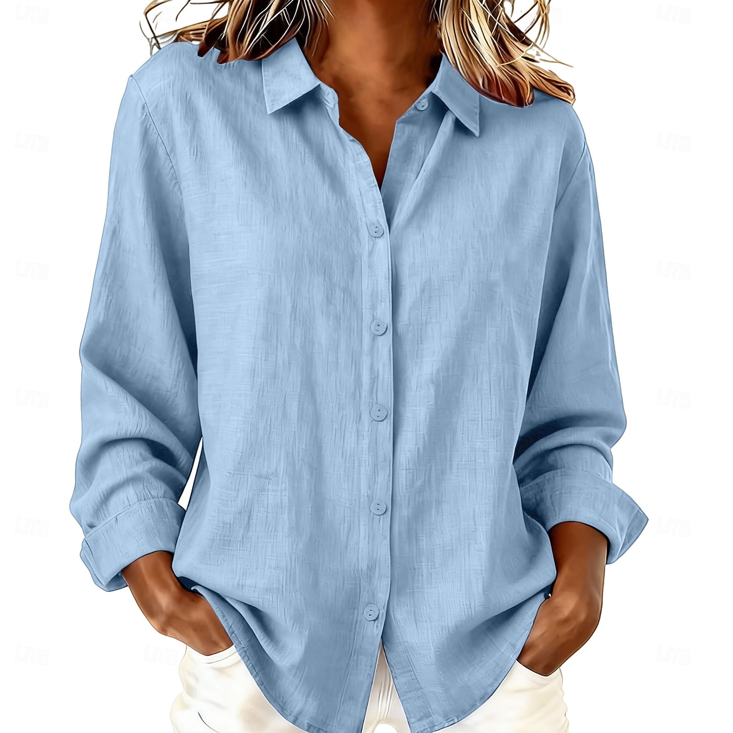 Mujer Blusa Camisa de lino sintético Botones Color sólido Diario Casual Manga Larga Escote en Pico Tops regulares Diario Azul Piscina Blanco Amarillo Rosa Gris Verano Primavera Otoño 2026 - $33.99 –P3