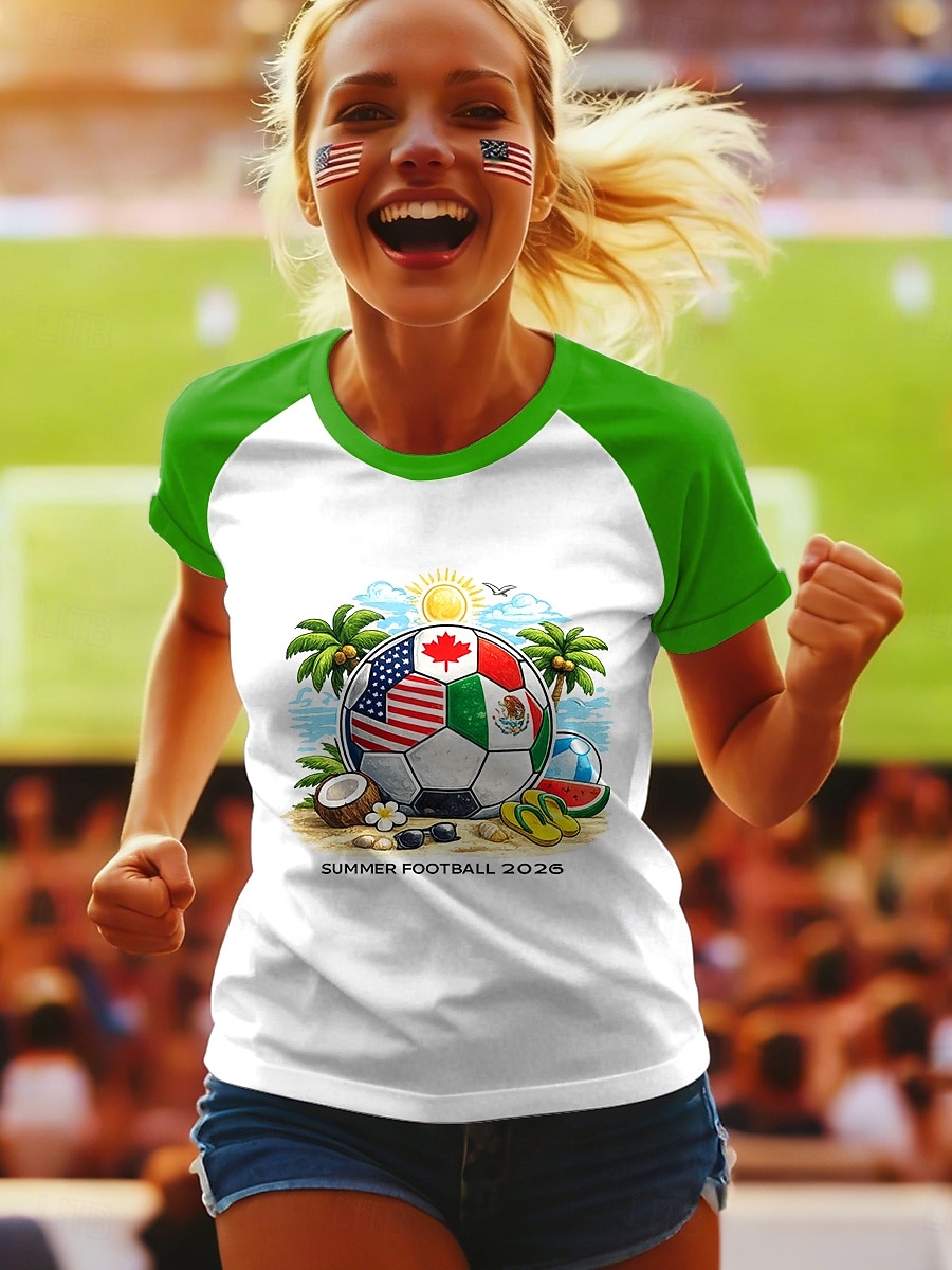 World Soccer Match 2026 Women's T Shirt Print Graphic Letter Stylish Classic Casual Short Sleeve Crew Neck Regular Tops Daily Blue Red Green Summer Spring 2026 - $21.99 –P1