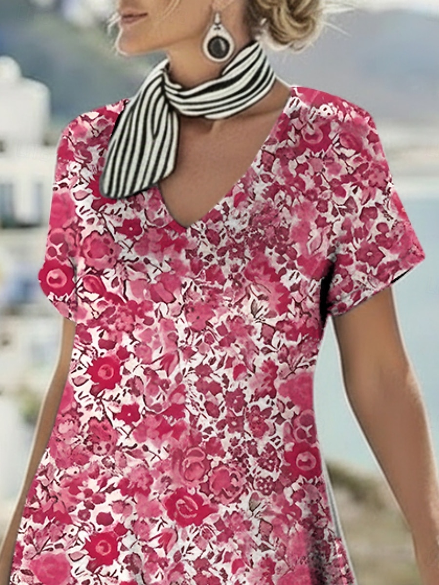 Per donna Abito maxi Abito Boho Vestito Casual Abito a trapezio Abito Stampato Vintage All'aperto Vacanza Weekend Vestibilità regolare Floreale Grafico Manica Corta Scollo a V Blu Viola Fucsia del 2026 a $25.99 –P3