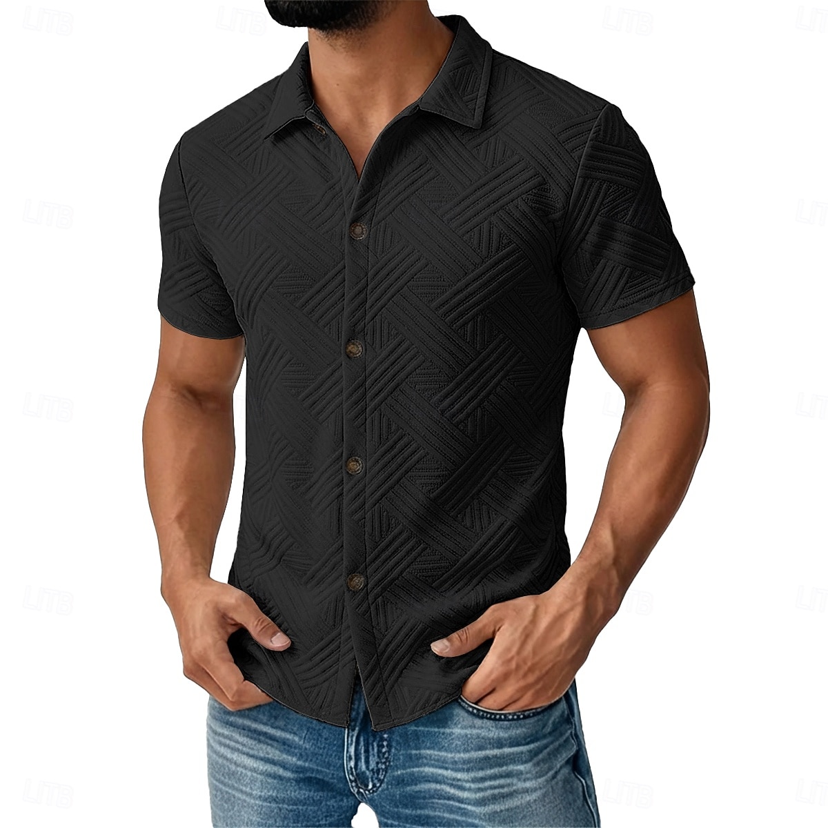 Męskie Koszula Codzienna koszula Zapinana na guziki koszula Koszula żakardowa Czarny Biały Morelowy Szary Jasnoniebieski Krótki rękaw Geometryczny Równina Klapa Codzienny Streetwear Żakard Odzież 2026 - $25.99 –P10