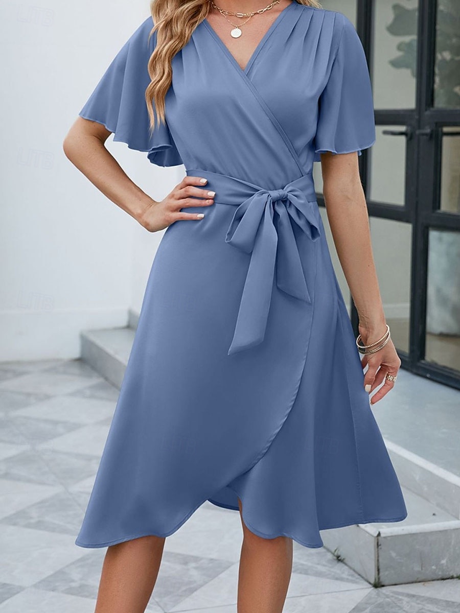 knee length fit and flare summer dress Wycnly Summer Dresses for Women Short Sleeve Round Neck Floral Knee-Length  Sun Dress Tie Waist Pleated Swing Midi Beach Dresses Light Blue M