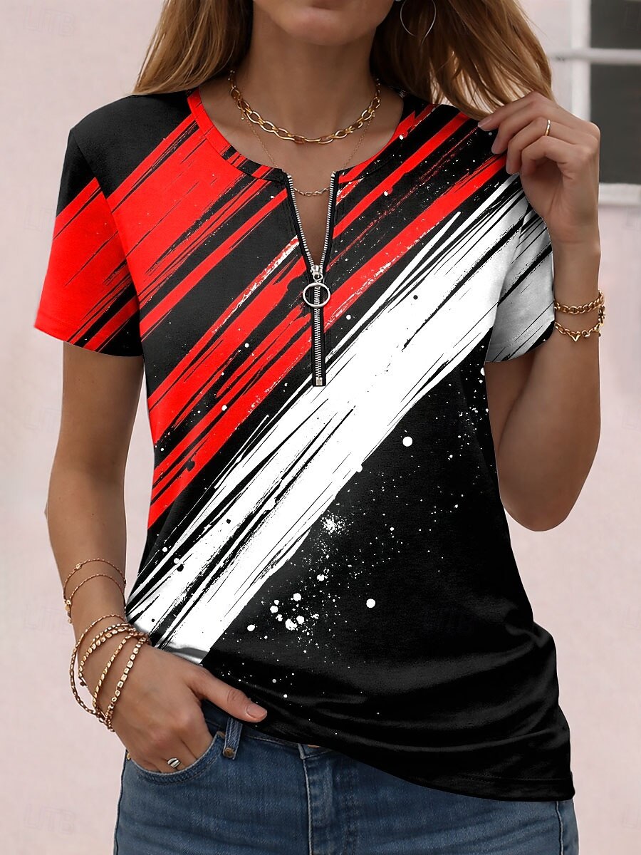 Dam T-shirt Dragkedja Grafisk Geometrisk Abstrakt Vintage Hawaiisk Stylish Kortärmad Rund hals Vanliga toppar Dagligen Sport Helgen Blå Rubinrött Purpur Grön Sommar Vår 2026 - $21.99 –P1