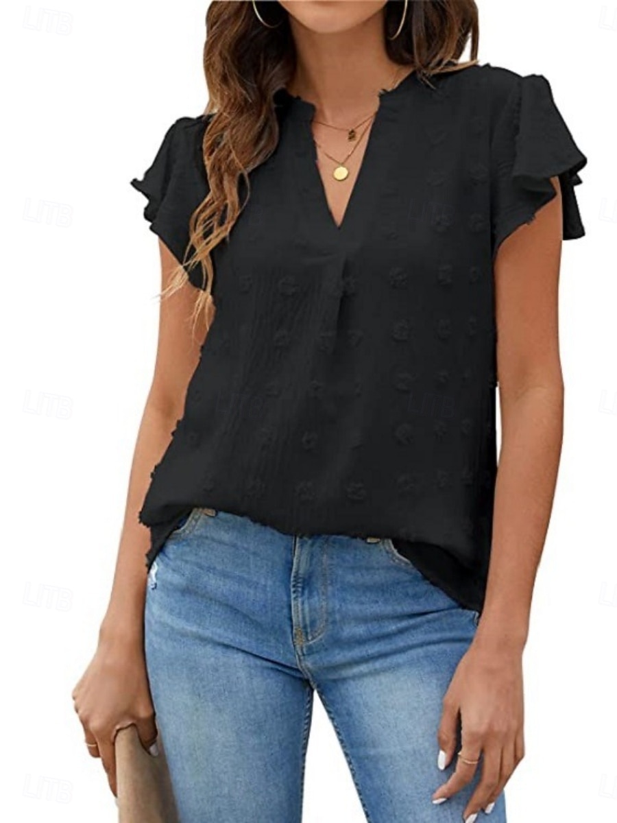 Femmes Chemisier A Volants Couleur Unie Élégant Occasionnel Manche Courte Col en V Hauts Réguliers Quotidien Bleu Noir Blanche Rose Claire Fuchsia Été Printemps de 2026 ? $25.99 –P13