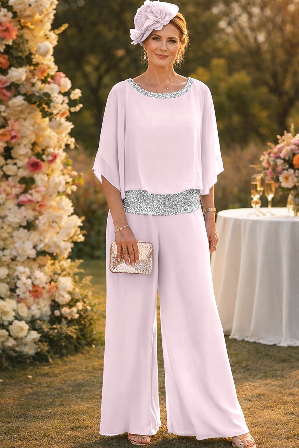 Tvådelad Byxor Golvlång Klänning till brudens mor Halvlång ärm Båthals Elegant Vintage Enkel Bröllopsgäst Helgdag Formell kväll Chiffong med Paljett 2026 - $76.99 –P6