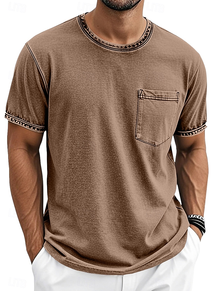 Herre T skjorte 100% bomullssyre-vaskeskjorte Kortermet Crew-hals Sommer Vår Alle årstider Helfarge Enkel Elegant Årgang Nøytral Lomme Plaggfarget Nedtrykt Avslappet Hjem utendørs Lyseblå Svart Brun 2026 - $20.99 –P5