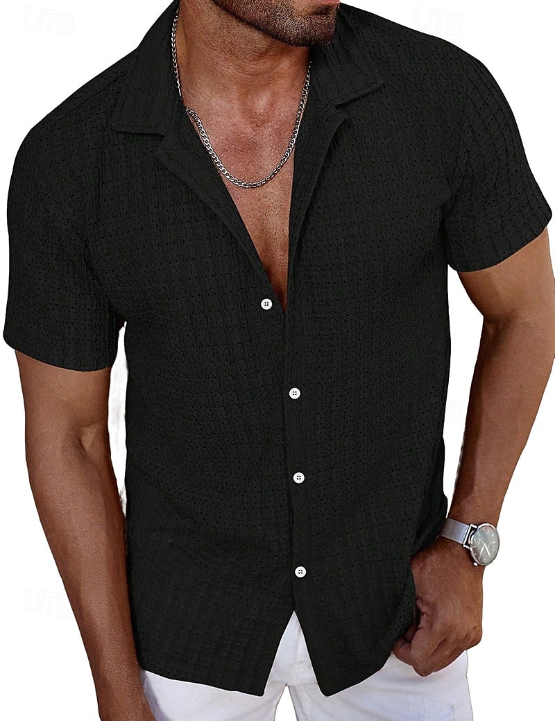Per uomo Camicia Camicia casual Camicia Jacquard Nero Bianco Kaki Azzurro Manica Corta Semplice Colletto a Camicia Casuale Quotidiano Traforato Abbigliamento Poliestere Elegante Moda Casual del 2026 a $22.99 –P5