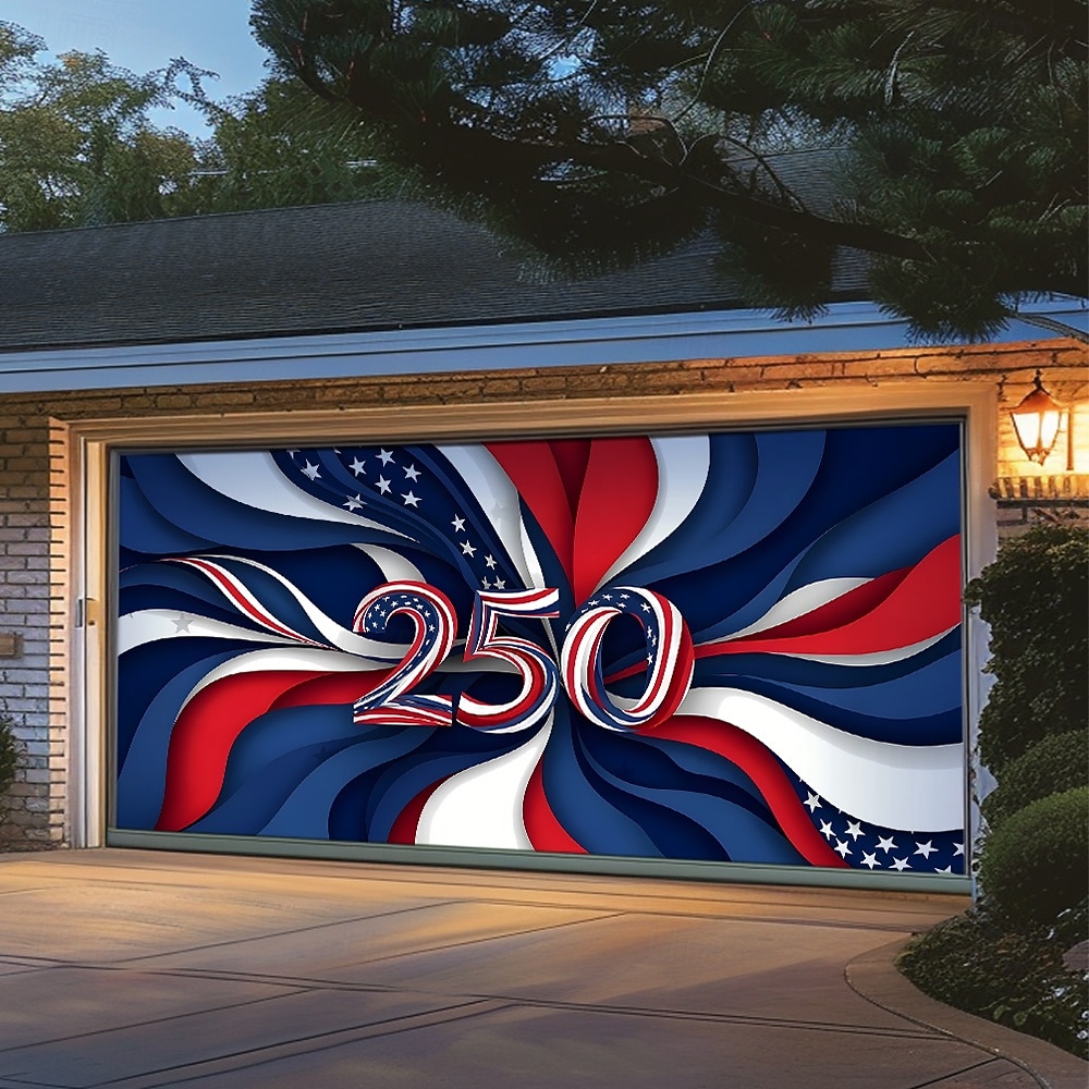 4. července 2026 250. výročí Pamětního dne Kryt na garážová vrata Velký závěsný pozadí Americká vlajka Vintage 3D vlastenecká party venkovní pozadí pro focení dekorace na vchodové dveře 2026 - $59.99 –P6