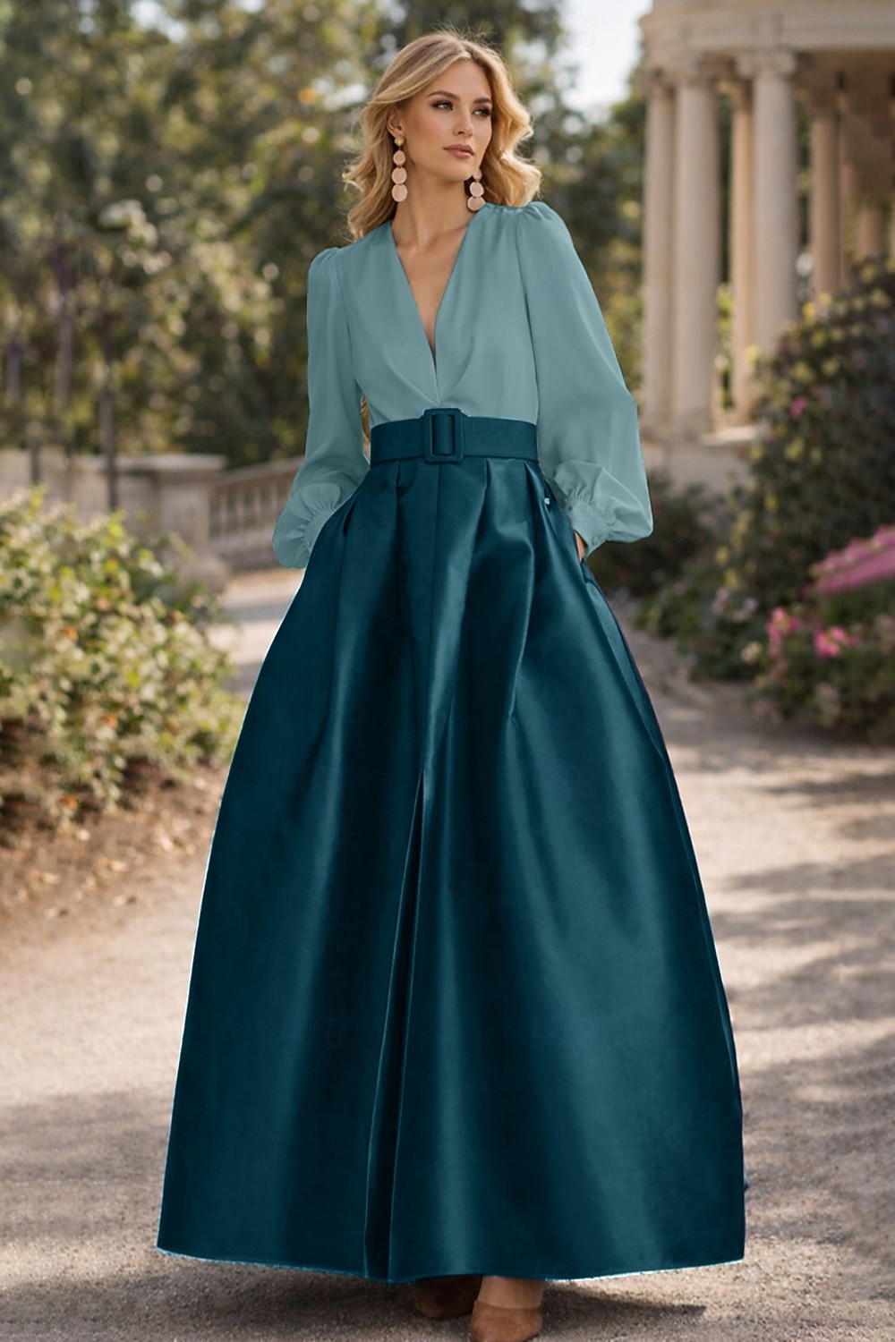 A-Line Floor Length Evening Gown High Split Mother Of The Bride Long Sleeve V Neck Formal Wedding Guest Belt / Sash Satin with Pleats Slit 2026 - $172.99 –P6