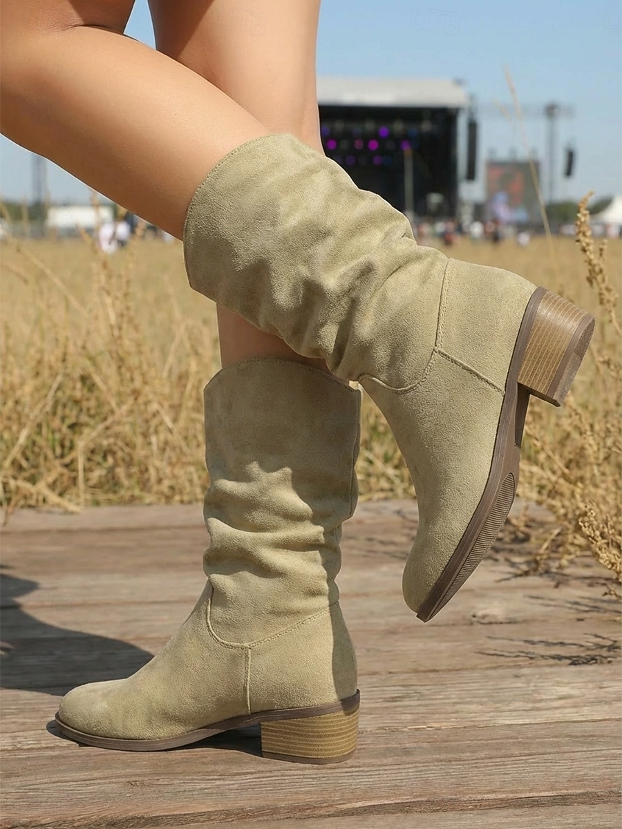 khaki westernstøvletter i semsket skinn til dame – vintage broderte cowboystøvletter med kraftig hæl til musikkfestivaler og Coachella-antrekk &countrykonserter 2026 - $42.99 –P5