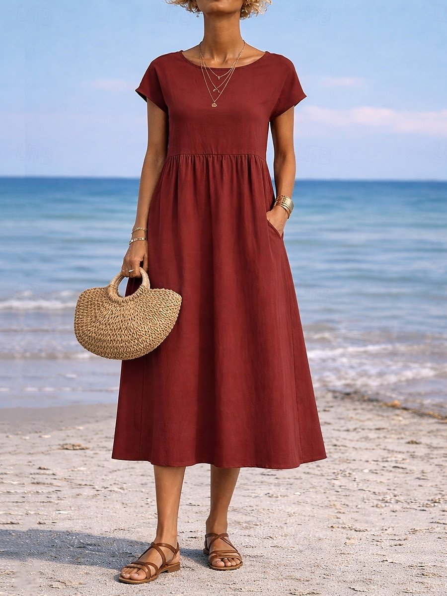 Damen Midikleid A Linie Kleid Sommerkleid Lässig Täglich Lässiger Schnitt Einfach Kurzarm Rundhalsausschnitt Blau Schwarz Weiß Rosa Sommer Frühling 2026 - $26.99 –P9