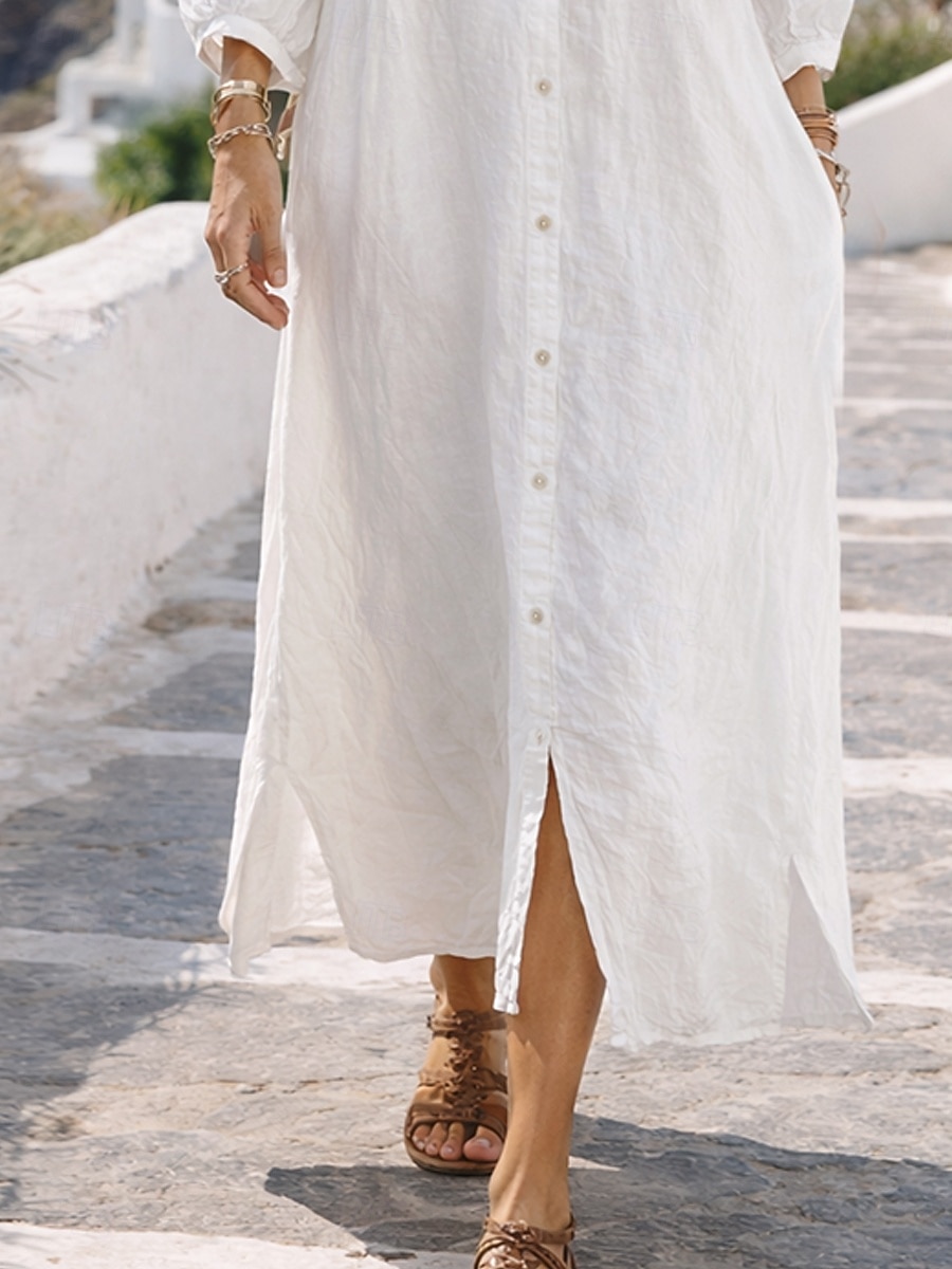Mujer Vestido maxi Vestidos con tacto de lino Lino de algodón sintético Vestido de cambio Vestido de Camisa Elegante Básico Casual Manga de la linterna Diario Hogar Trabajo Holgado Plano Manga Larga 2026 - $29.99 –P3