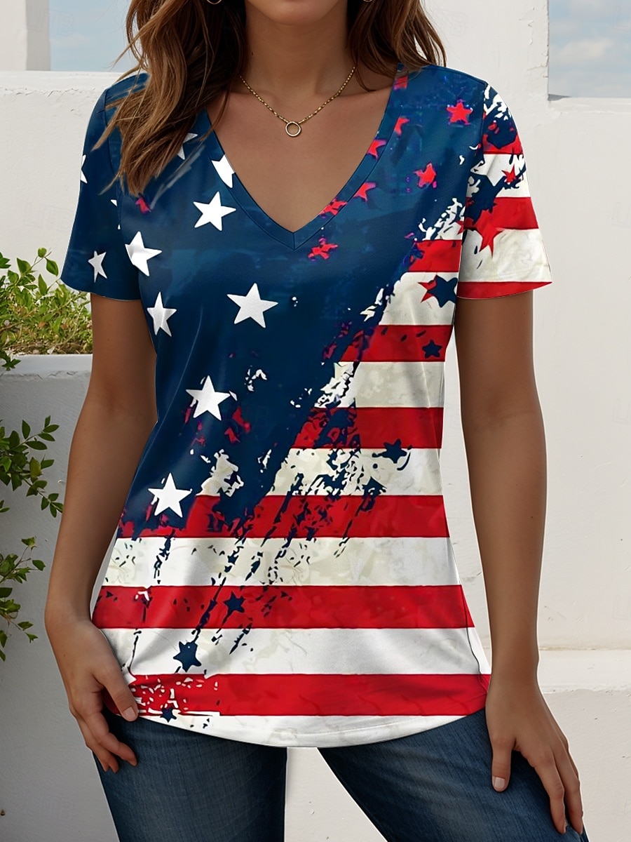 Amerikanska självständighetsdagen Dam T-shirt Mönster Grafisk Amerikanska flaggan Vintage Stylish Klassisk Kortärmad V-hals Vanliga toppar Dagligen Blå Vit Sommar Vår 2026 - $8.49 –P2
