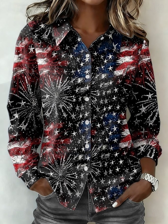 Día de la Independencia Camiseta para Mujeres Americana Botones Impresión Gráfica Aniversario de América Vintage Elegante Moderna de Manga Larga Cuello Cuello Regular Tops Diarios Negro Rojo Celeste 2026 - $32.99 –P2