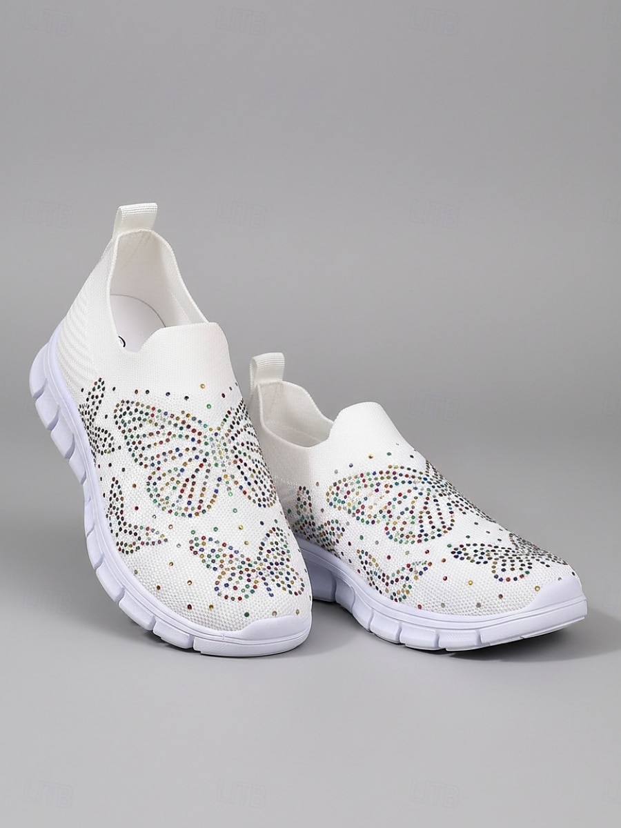 Sneakers da donna bianche in maglia con farfalle e strass: scarpe da passeggio leggere e traspiranti, facili da indossare, con suola flessibile antiscivolo, scarpe casual scintillanti per viaggiare, del 2026 a $26.99 –P1