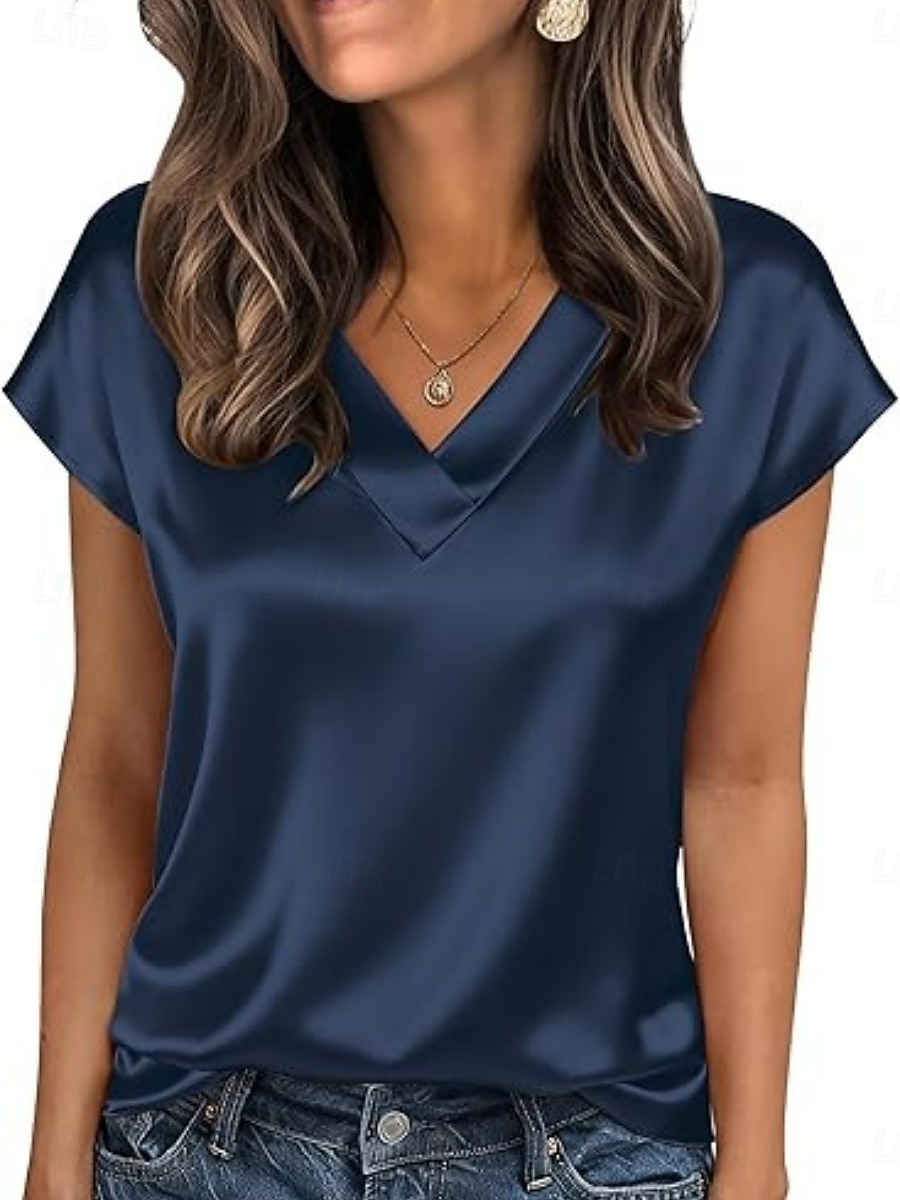 Dames satijnen top T-shirt Effen Elegant Modieus Stijlvol Korte mouw V-hals Normale tops Dagelijks Uitgaan Weekend Champagne Goud Wijn Rood Koffie Zomer Lente 2026 - $19.99 –P12