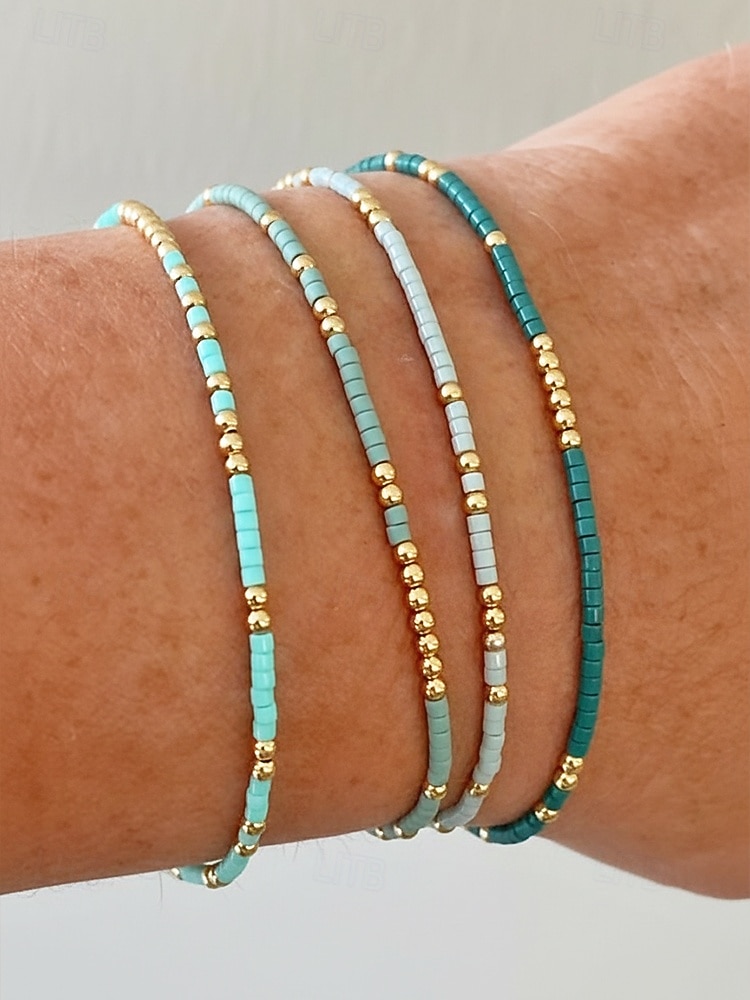 Női bohém rugalmas gyöngyös karkötő szett, 4 karkötő, gyöngyös kivitelben arany díszítéssel, tökéletes tengerparti nyaraláshoz és mindennapi viseletre 2026 - $7.99 –P3