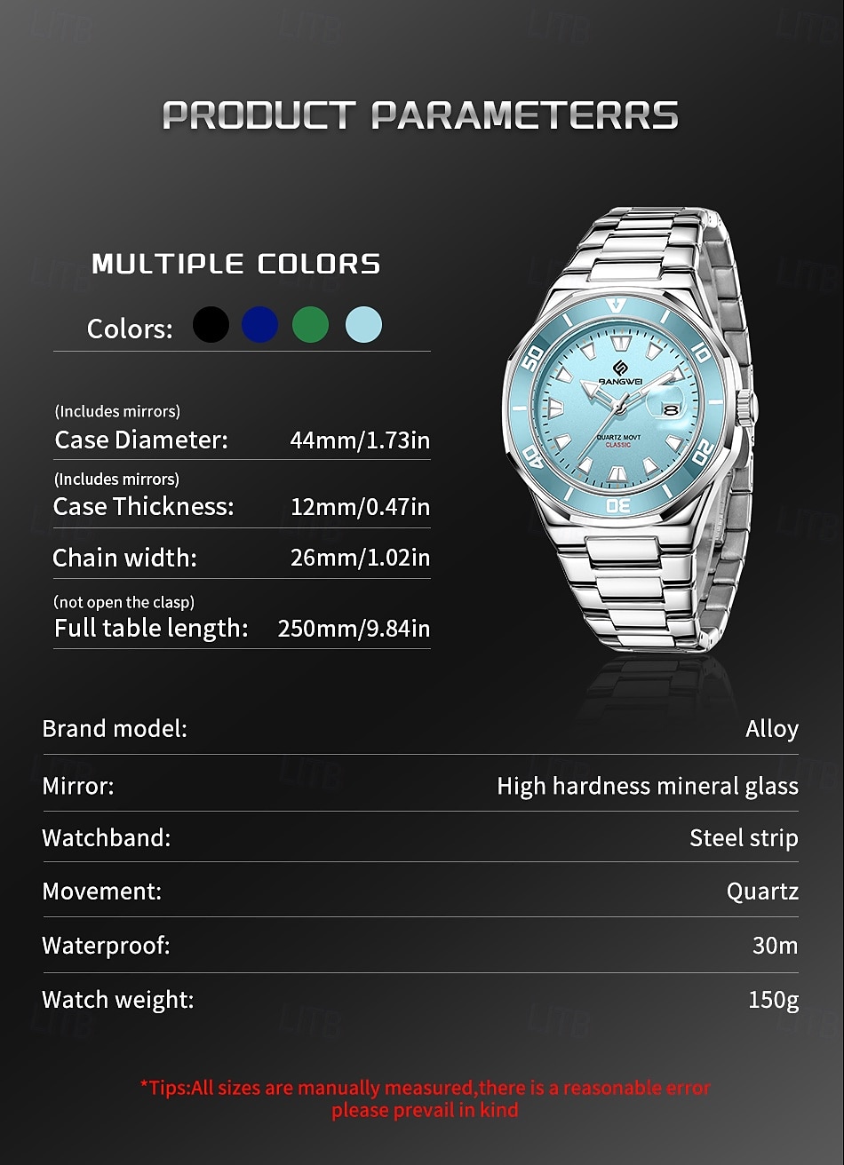 Ceas bărbătesc cu cuarț, ceas de mână analogic din oțel inoxidabil impermeabil cu cadran albastru deschis turcoaz, design în stil scafandru cu dată mărită, ceas de mână business casual la modă pentru 2026 - $28.99 –P6