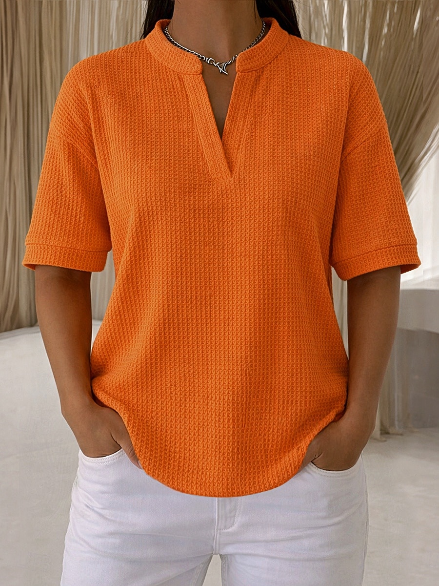 Dames T-shirt T-shirts Henley Top Wafelgebreide tops Effen Kleur Stijlvol Casual Korte mouw V-hals Normale tops Dagelijks blauw Zwart Wit Oranje Groen Zomer Lente Herfst 2026 - $31.99 –P1