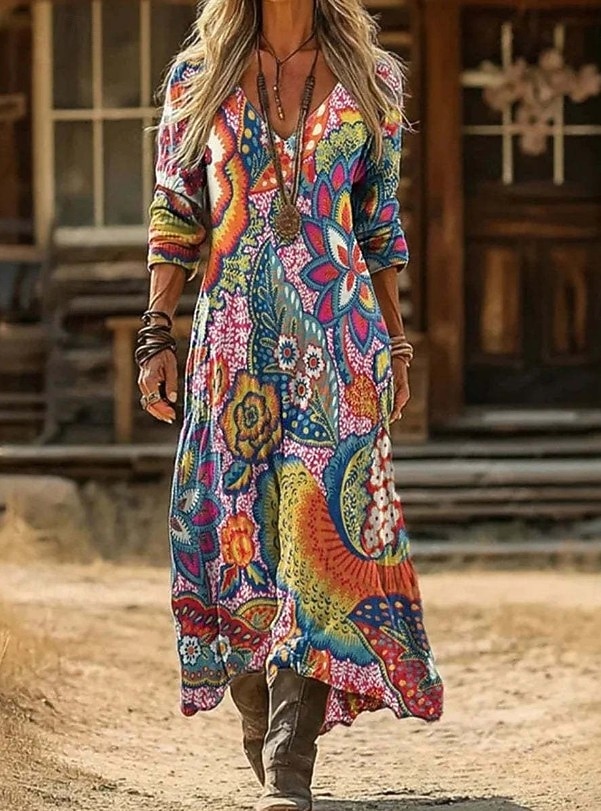 Femmes Robe Maxi Robe Vintage Robe Décontractée ancien Quotidien Extérieur Vacances Coupe régulière Fleuri manche longue Col en V Rouge Printemps Automne de 2026 ? $37.99 –P1