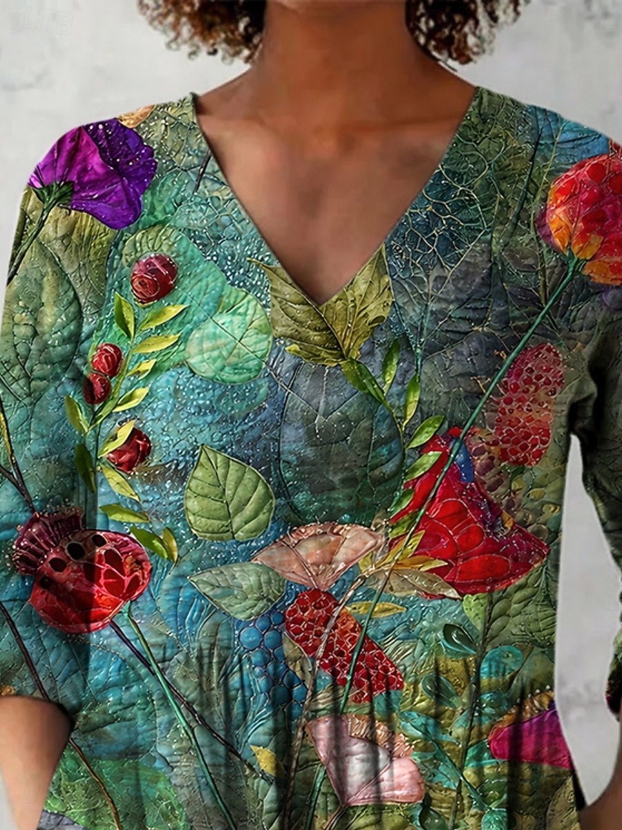 Damen Bluse Druck Blumen Urlaub Täglich Lässig Dreiviertelarm V Ausschnitt Normale Oberteile Täglich Ferien Ausgehen Grün Sommer Frühling Herbst 2026 - $28.99 –P3