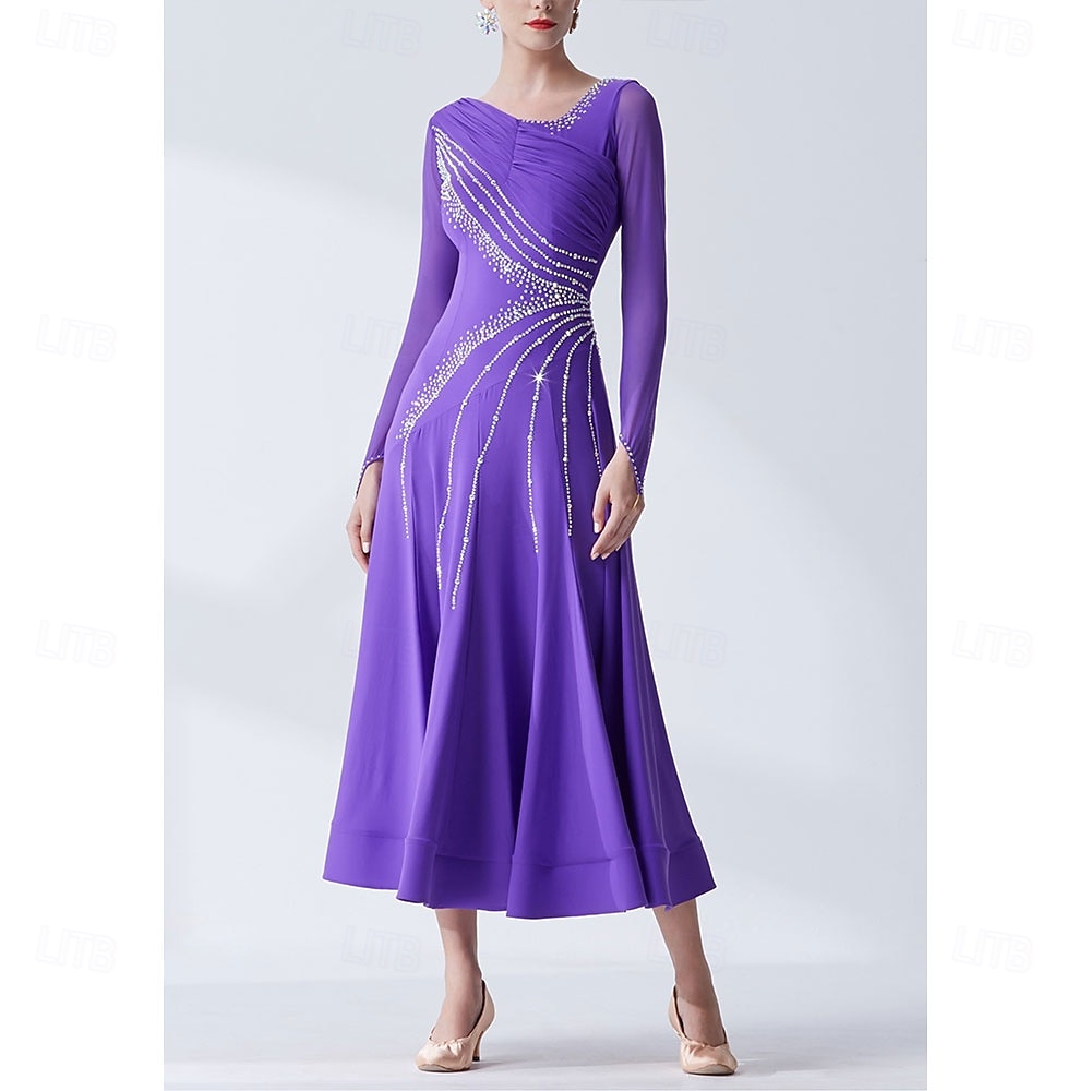 Ballroom Dance Dress Rhinestone Pleats Splicing Women's Party Training Performance Long Sleeve High Spandex Polyester 2026 - $305.49 –P1