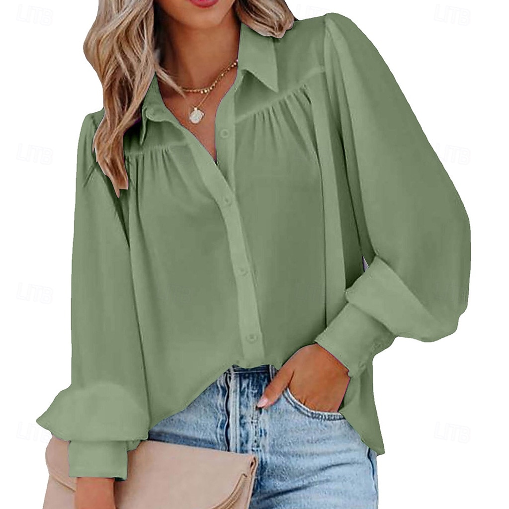 Mulheres Camisa Social Camisa casual camisa de botão Blusa Franzido Botões Côr Sólida Tecido Elegante Férias Moda Manga Longa Manga lanterna Aberto para a Lateral Tops regulares Diário Praia Feriado de 2026 por $21.99 –P8