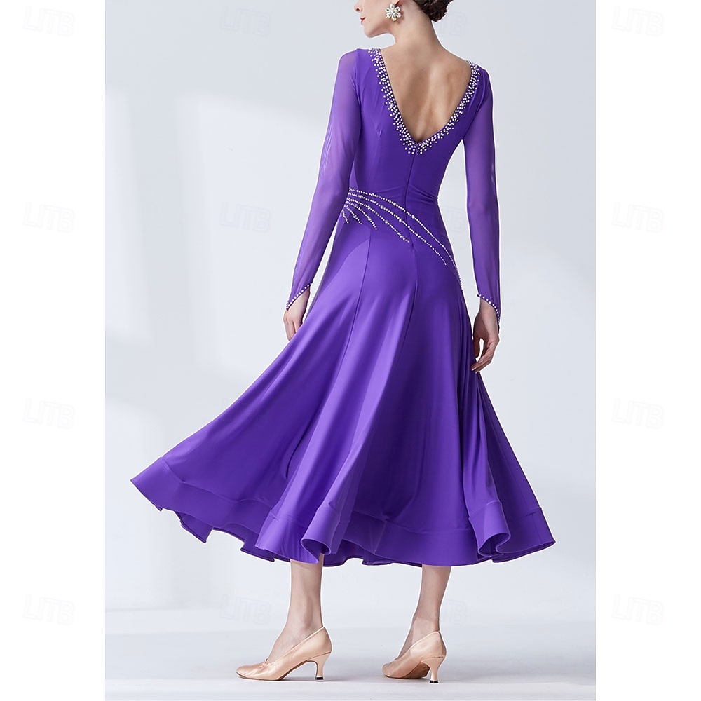 Ballroom Dance Dress Rhinestone Pleats Splicing Women's Party Training Performance Long Sleeve High Spandex Polyester 2026 - $305.49 –P2