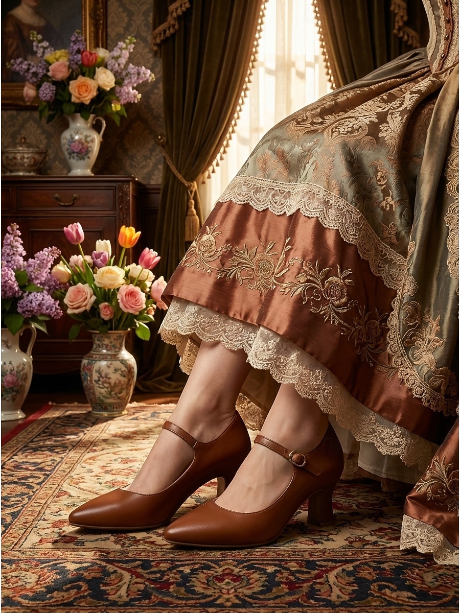 נעלי מרי ג'יין בצבע ויקטוריאני רטרו זהב לנשים - עקבים אלגנטיים עם חריצים מחודדים וגימור מטאלי &רצועת קרסול למסיבות וינטג', חתונות &תלבושות רוקוקו 2026 - $46.99 –P2