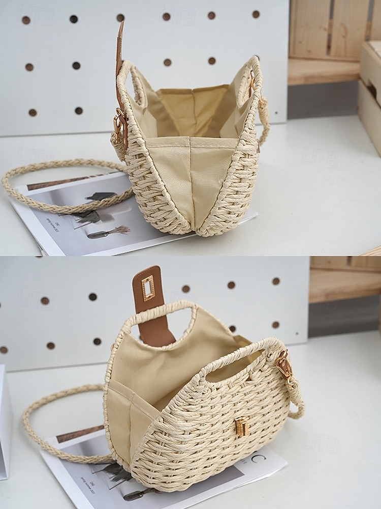 Damväska i vävd stråaxelrem, beige och khakifärger, lätt sommarväska med justerbar rem, bohemisk chic-stil, perfekt för semester, resor och vardagsbruk 2026 - $26.99 –P13