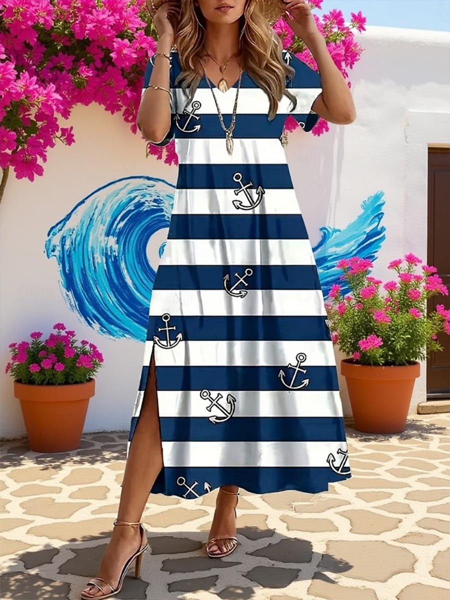 Dames Halflange jurk A lijn jurk Vakantie Casual Strandstijl Dagelijks Strand Feestdagen Ruim Passend Geometrisch Gestreept Korte mouw V-hals blauw Rood Groen Zomer Lente 2026 - $25.99 –P1