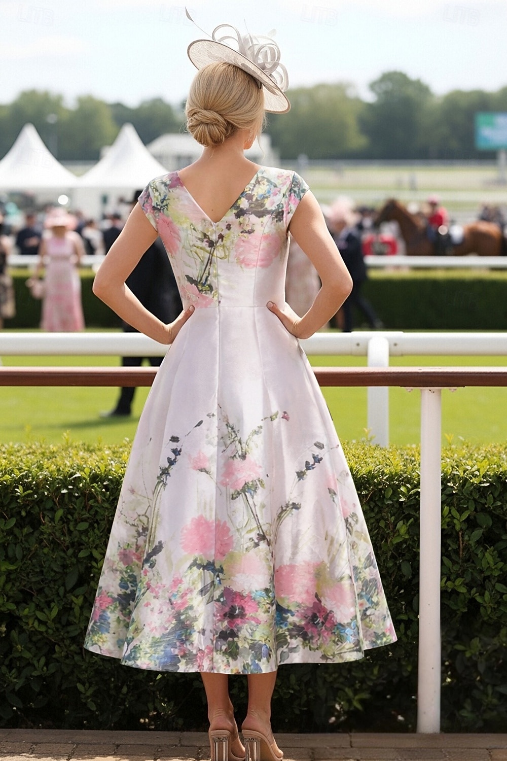 Corte A Vestido Midi Vestido de Fiesta Vestido Cóctel Vestido Invitada Boda Vestido de Madrina Correas Cuello Barco Elegante El derby de Kentucky Satén con Estampado flor 2026 - $206.99 –P2