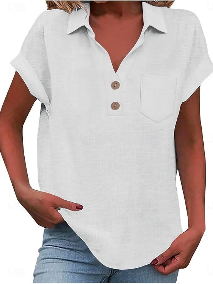 Women's Shirt Blouse Cotton Shirt Buttons Solid Color Vintage Classic Modern Short Sleeve Shirt Collar Regular Tops Daily Holiday Going out White Yellow Navy Blue Sky Blue Light Blue Summer Spring 2026 - $22.99 –P7