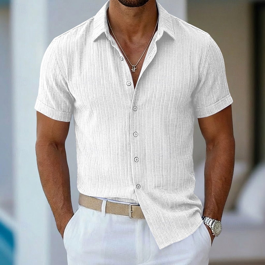 Men's Shirt Summer Shirt Casual Shirt Beach Shirt Button Up Shirt Navy Blue Short Sleeve Plain Lines / Waves Lapel Casual Streetwear Clothing Apparel Fashion Casual Comfortable Smart Casual 2026 - $25.99 –P8