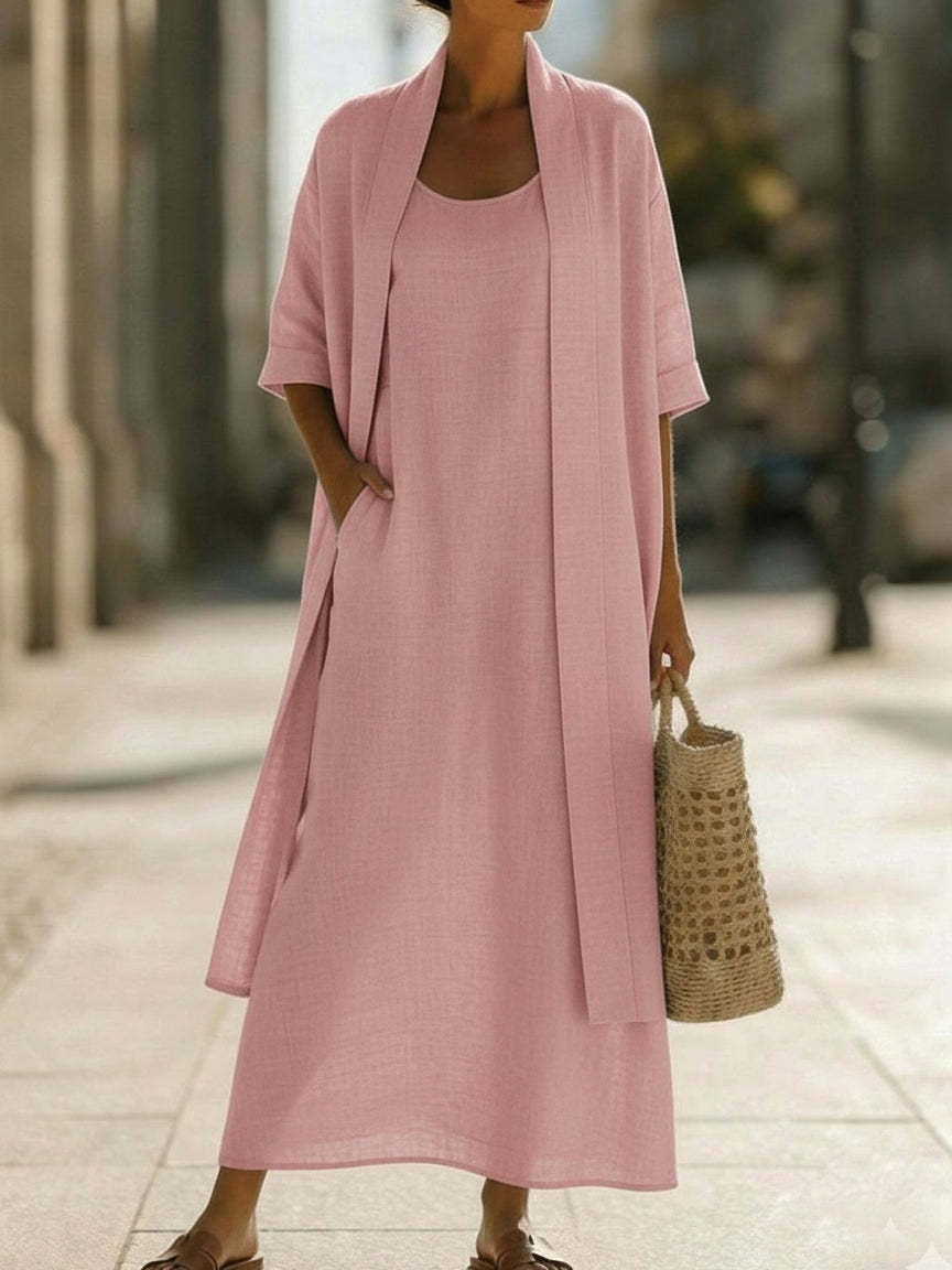 Women's Dress Set Shift Dress Elegant Plain Pocket Maxi Dress 3/4 Length Sleeve Crew Neck Daily Outdoor Blue White Pink Summer Spring Loose Fit 2026 - $51.99 –P5