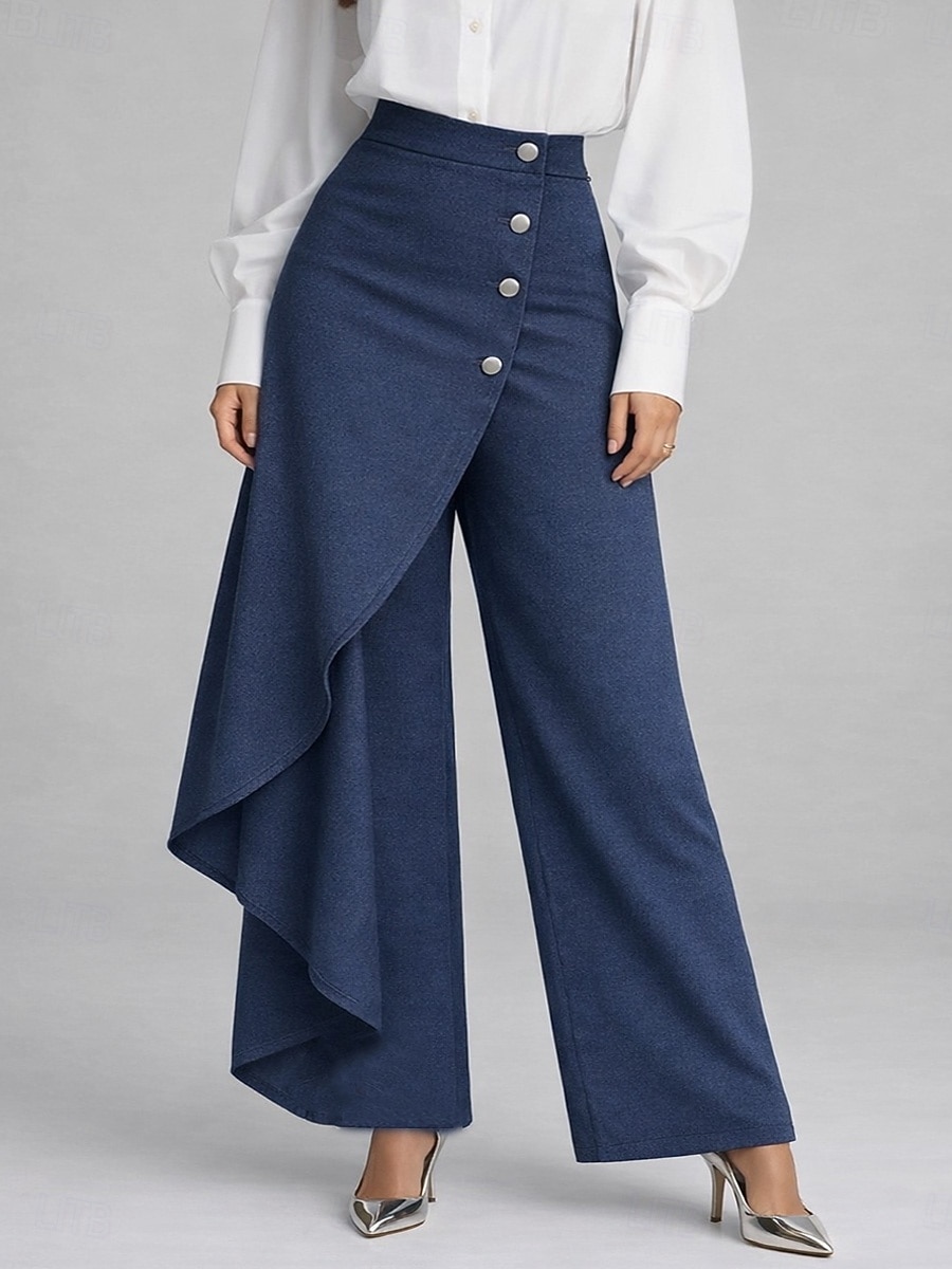 Mujer Perneras anchas Vacaciones Básico Longitud total Media cintura Rígido Vacaciones Calle Casual Azul Piscina De color verde oscuro Azul Laguna Negro Primavera Holgado 2026 - $32.99 –P6