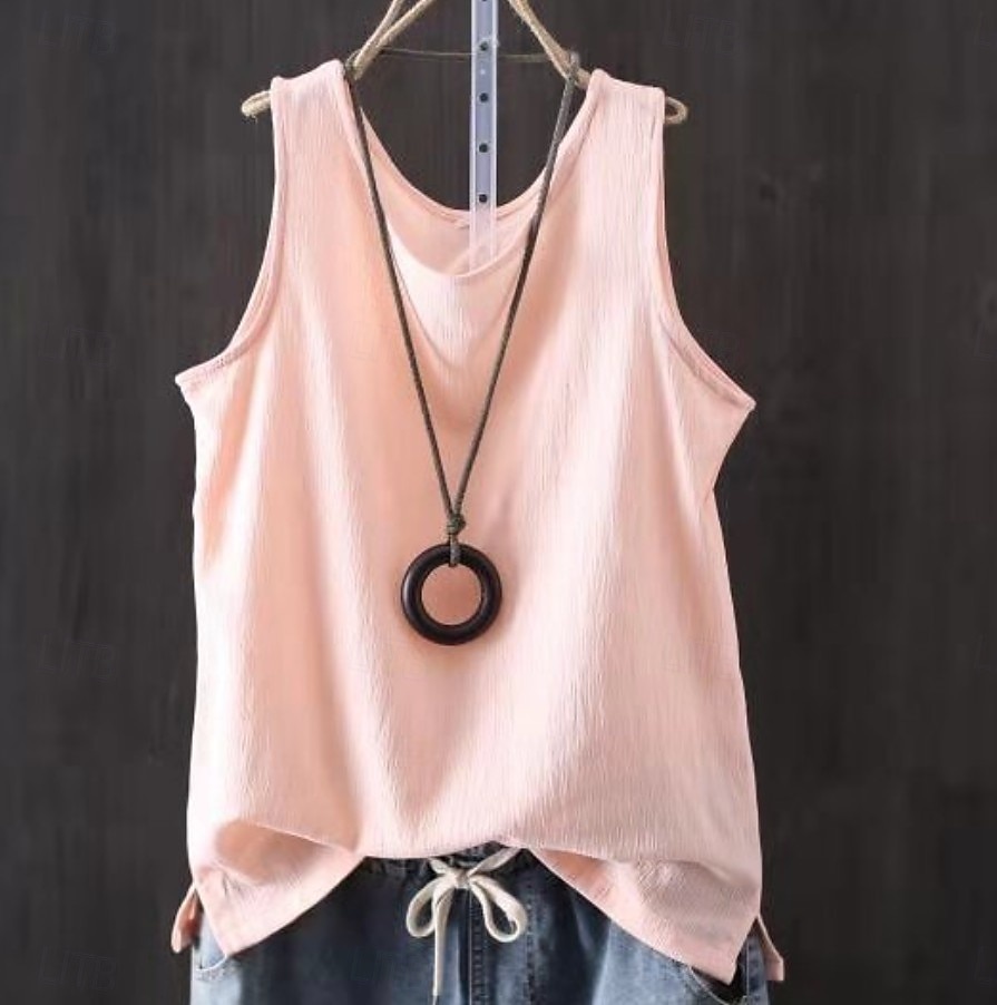 Per donna Finto cotone e lino Semplice Moda Elegante Classico Senza Maniche Manica Corta Girocollo Top Regolari Quotidiano Uscire Weekend Blu Nero Bianco Giallo Rosa Estate Primavera del 2026 a $34.99 –P6