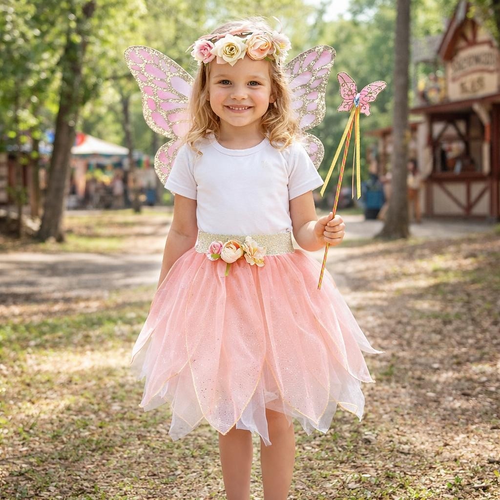 Set Medievale Rinascimento Elegante Lunghezza al ginocchio Gonna Ali Copricapo con accessori Fata Farfalla Floreale Costume Ragazze Fantasia Halloween Carnevale Feste Fiera Rinascimentale Bambini del 2026 a $51.99 –P1