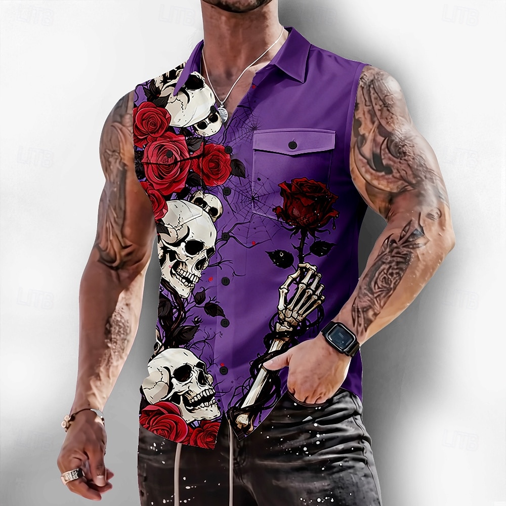Homme Squelette Rose Crânes Chemise Chemise Boutonnée T-shirt sans manches Sans manches Style gothique sombre Extérieur Décontracté Été Printemps Col Rabattu Impression 3D Deux poches avant Noir de 2026 ? $25.99 –P4