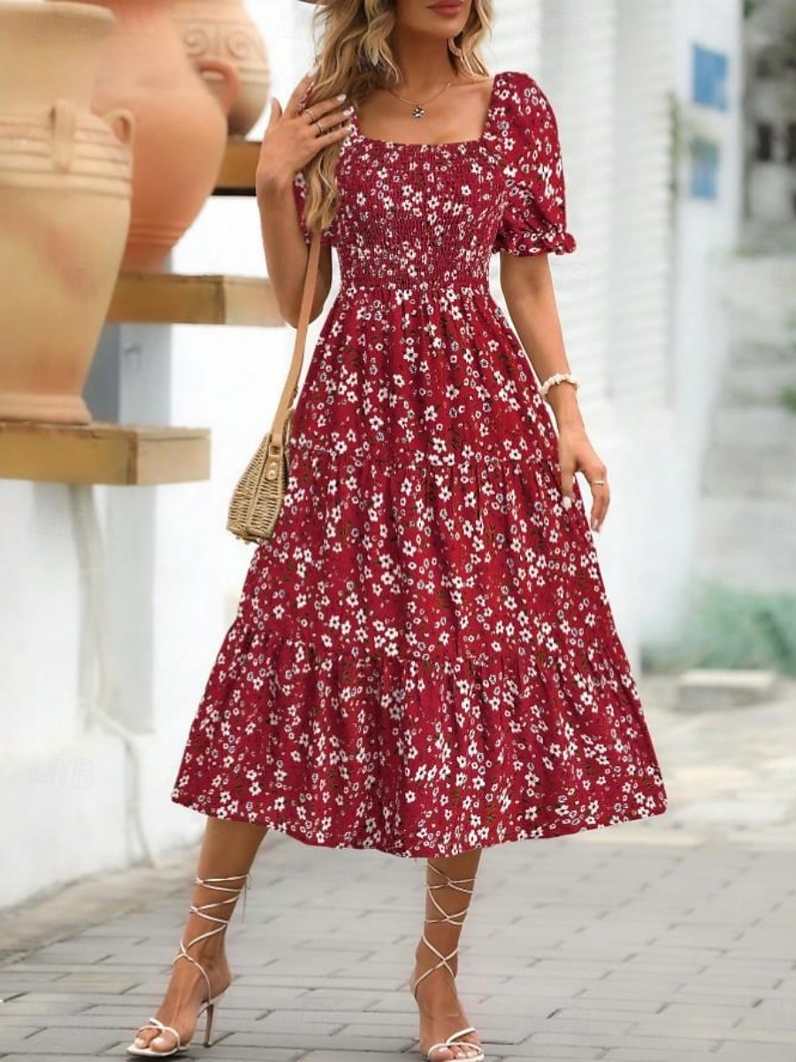 Women's Midi Dress Casual Dress Floral Dress Elegant Fashion Modern Outdoor Vacation Going out Regular Fit Floral Short Sleeve Square Neck Blue Black White Pink Summer Spring 2026 - $25.99 –P6