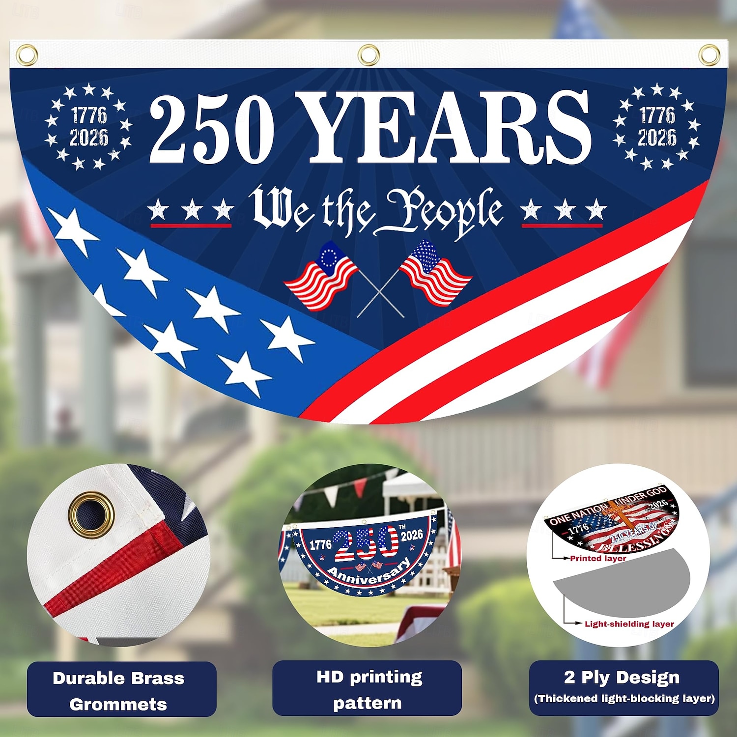 2 stk. U.S. 250. jubileumsflagg 1,5X3 FT 1776-2026 fanflagg patriotiske stjerner hageplakater hengende dekorasjoner utendørs inngangsdør veranda velkomst bakgrunn med messingøyer 2026 - $18.99 –P4