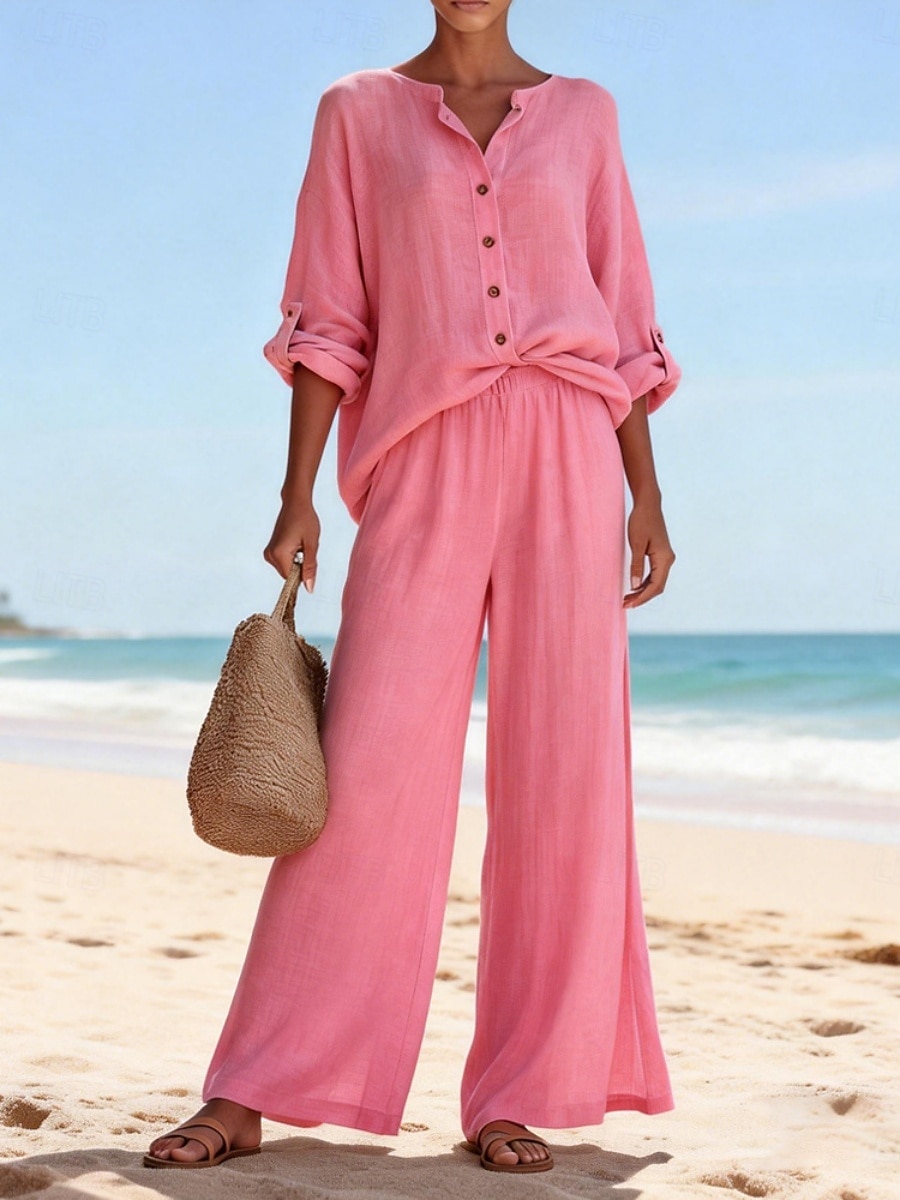 Dame Linsett i bomull Buksesett Imitert bomullslin Langermet Crew-hals Helfarge Elegant Mote Gatemote Avslappet Daglig utendørs Blå Hvit Rosa Sommer Normal 2026 - $45.99 –P5