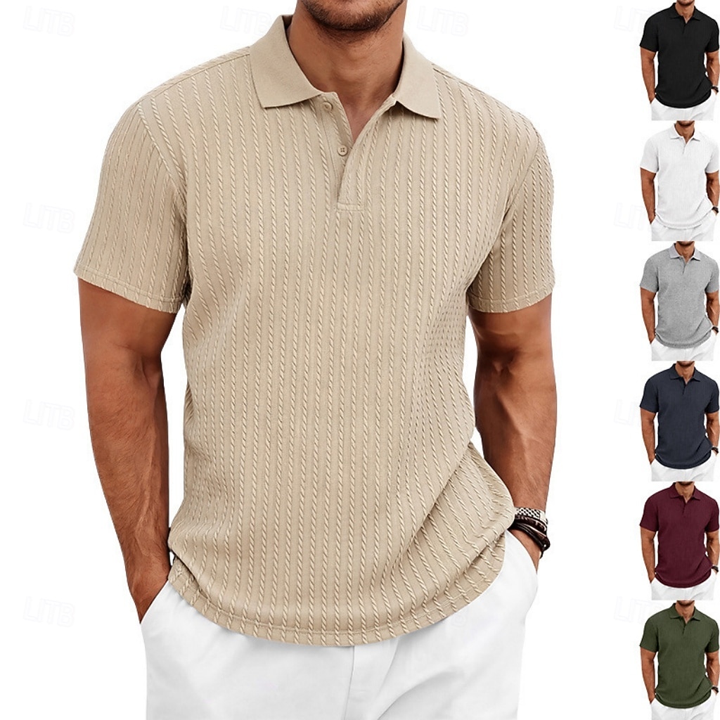 Herren Zopfstrick-Poloshirt Textur Geschäft Urlaub Revers Kurzarm Mode Modern Einfach Knöpfe Atmungsaktiv Sommer Frühling Schwarz Weiß Wein Marineblau Grün Khaki Zopfstrick-Poloshirt 2026 - $21.99 –P1