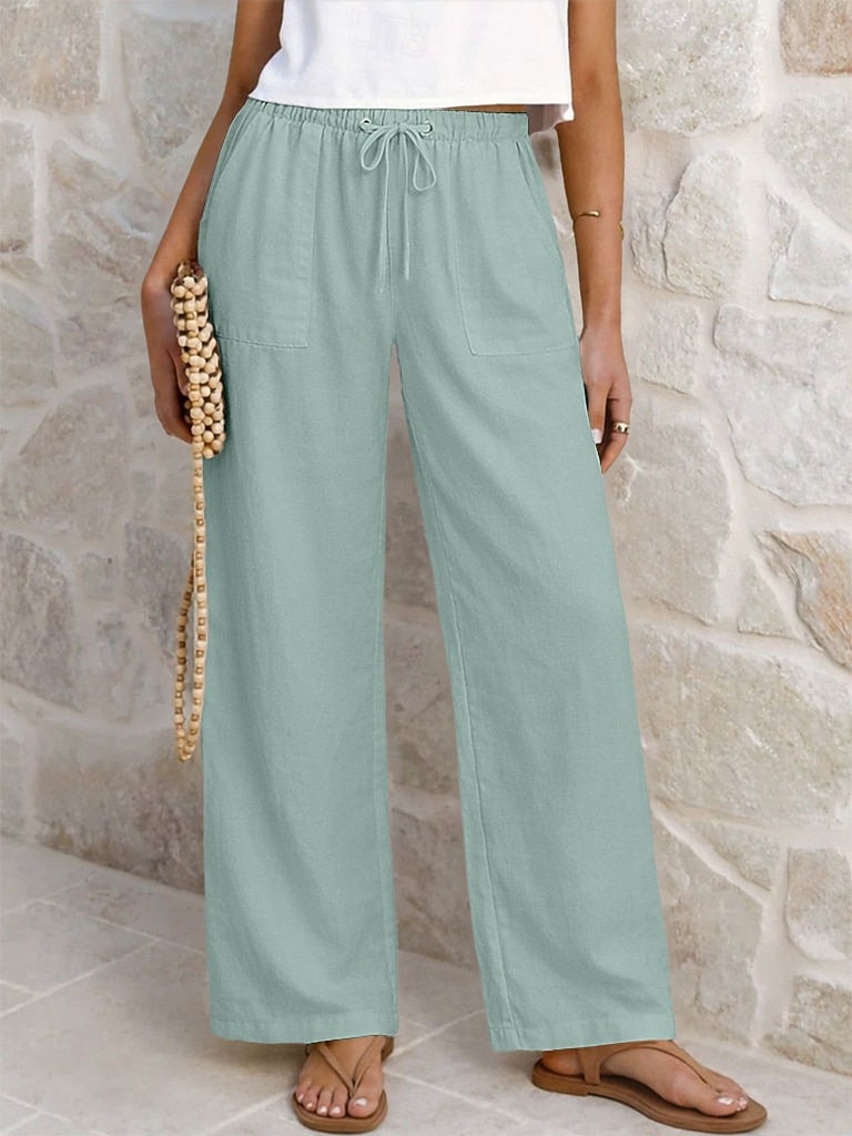 Damskie Lniane spodnie Spodnie Spodnie codzienne Letnie spodnie Urlop Moda Podstawowy Pełna długość Średia talia Równina Ściągana na sznurek Elastyczny pas Prosta noga Lekki Oddychający Nieelastyczny 2026 - $25.99 –P13