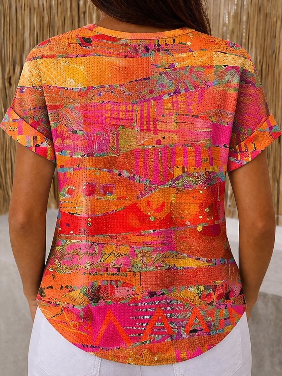 Dámské Waffle T-shirt s potiskem grafiky geometrické vintage stylové klasické krátký rukáv kulatý výstřih pravidelné topy denní černá a bílá černá bílá žlutá červená léto jaro 2026 - $21.99 –P5