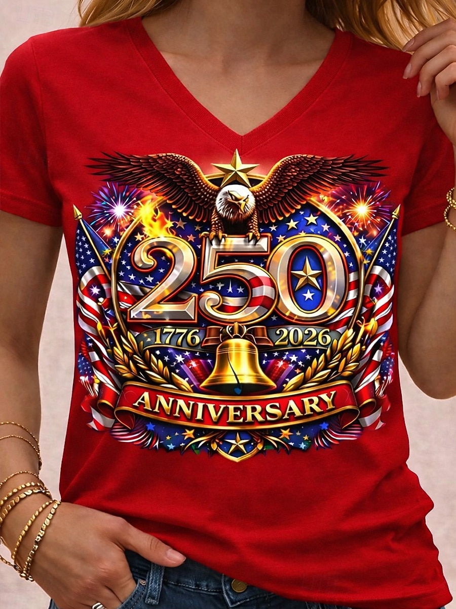 Uavhengighetsdagen Amerikansk Jubileum Patriotisk Dame T-skjorte Trykk Grafikk Flagg Vintage Stilig Klassisk Korte Ermer V-hals Vanlige topper Daglig Blå Sommer Vår 2026 - $21.99 –P4