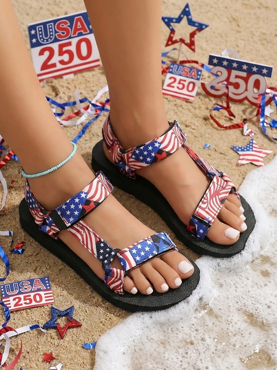 Γυναικεία μαύρα / κόκκινα σανδάλια για την 250ή επέτειο των ΗΠΑ - άνετα πατριωτικά σανδάλια με λουράκια και σχέδια με αστέρια και ρίγες για παραλία, παρελάσεις και εορτασμούς της 4ης Ιουλίου 2026 - $19.99 –P6