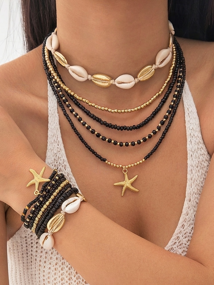 Women's Multi-Layer Beaded Necklace and Bracelet Set with Starfish Pendant – Alloy Material, Bohemian Style, Colorful, Perfect for Vacation, Beach and Daily Casual Wear 2026 - $12.76 –P22