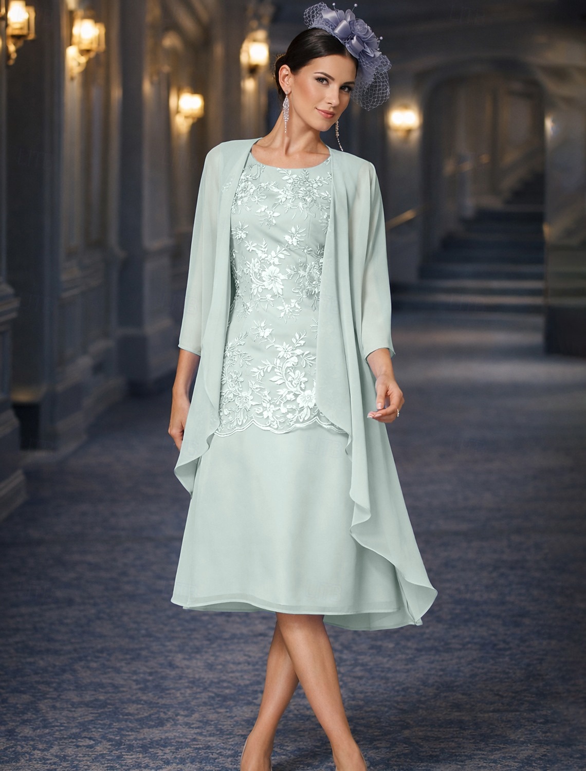 שני חלקים מעטפת עמוד באורך הקרסול שמלת אורח לחתונה שמלה לאם הכלה  ללא שרוולים עם תכשיטים אלגנטית אורחת חתונה מסיבת החתונה שיפון תחרה שמלות ז'קט עם אפליקציות 2026 - $146.99 –P18