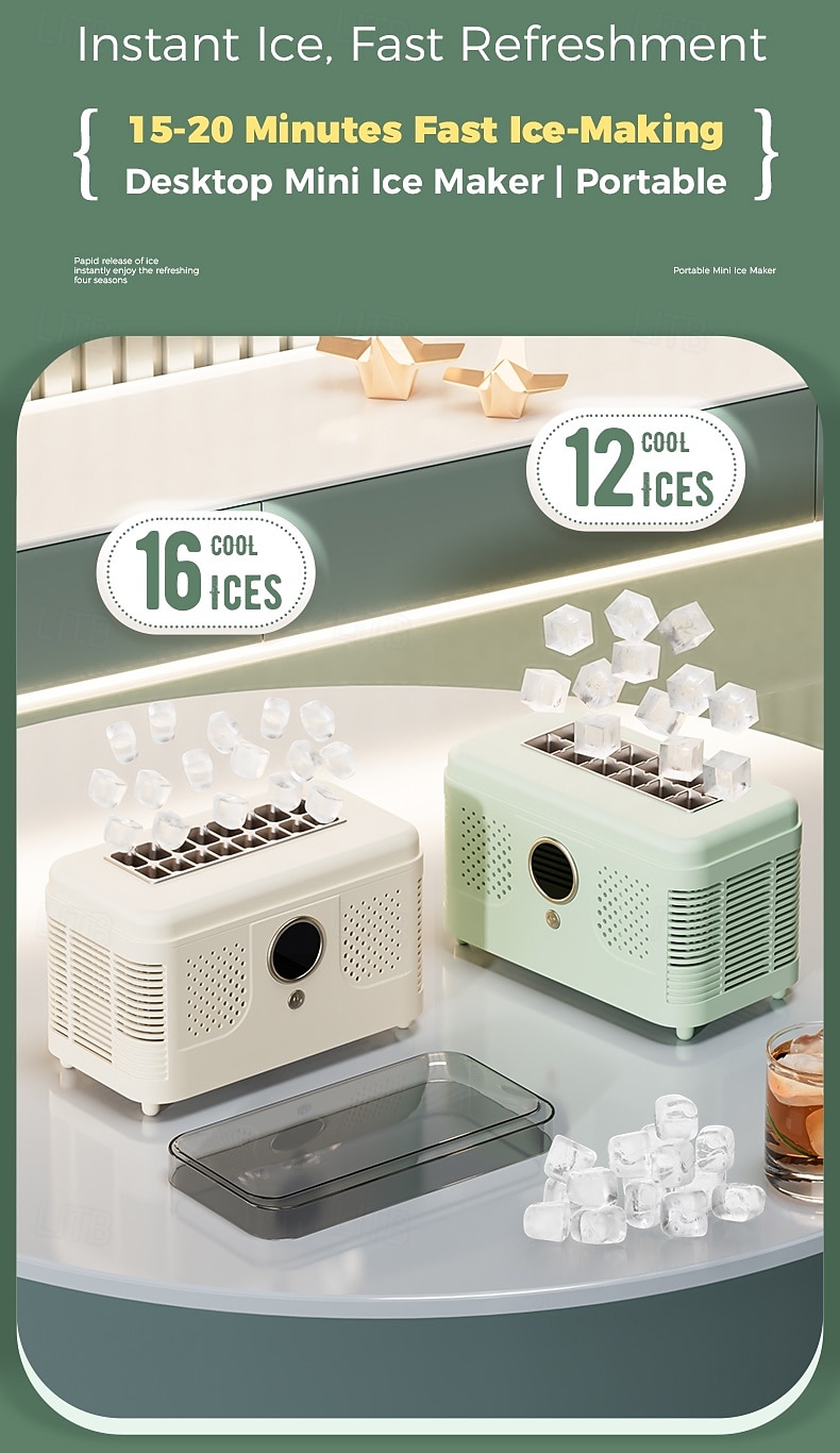 Mini ijsmachine voor op het bureau, draagbare ijsmachine voor thuis, kantoor of camper, maakt ijs in 10-15 minuten, compacte kleine ijsmachine met 12/16 ijsblokjes per cyclus. 2026 - $146.99 –P1