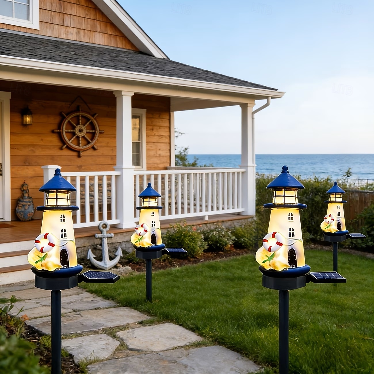 2 luces solares de jardín para exteriores, ideales para patios de villas, paisajes, con diseño de faro de resina, impermeables, para césped, jardines, senderos, camping y decoración de fiestas. 2026 - $30.99 –P5